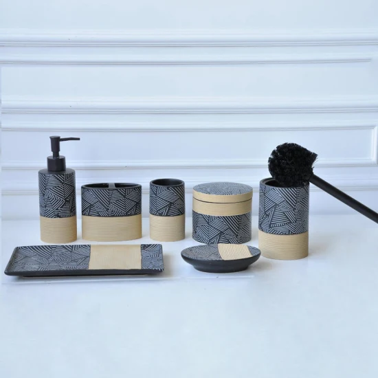 Tropical Hotel Bathroom Products Black Ceramic Bathroom Accessories Set Engobe Decoration Tumbler Bathroom Products